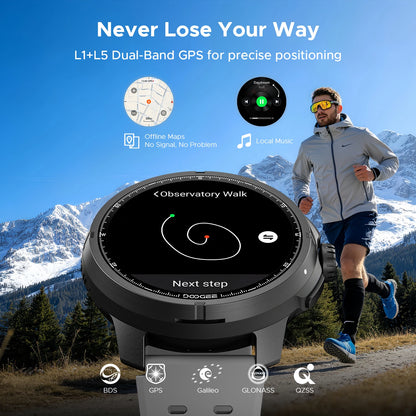 DOOGEE ANYMOVING M1 PRO Smart Watch 1.5" AMOLED Dual Band GPS Smart Watch with Offline Maps 170+ Sports Modes Fitness Watch 15-Day Battery AI Voice Assistant 5ATM Waterproof Outdoor GPS Watch