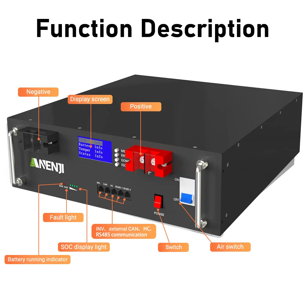 ANENJI LiFePO4 Rackmonterat Batteri 51,2V 100Ah 5kWh – 16S1P, A-grade, BMS 16S100A, RS485/CAN, Parallellkopplingsbar, >6000 Cykler, Hemmasolenergi, EU-lager (Polen)
