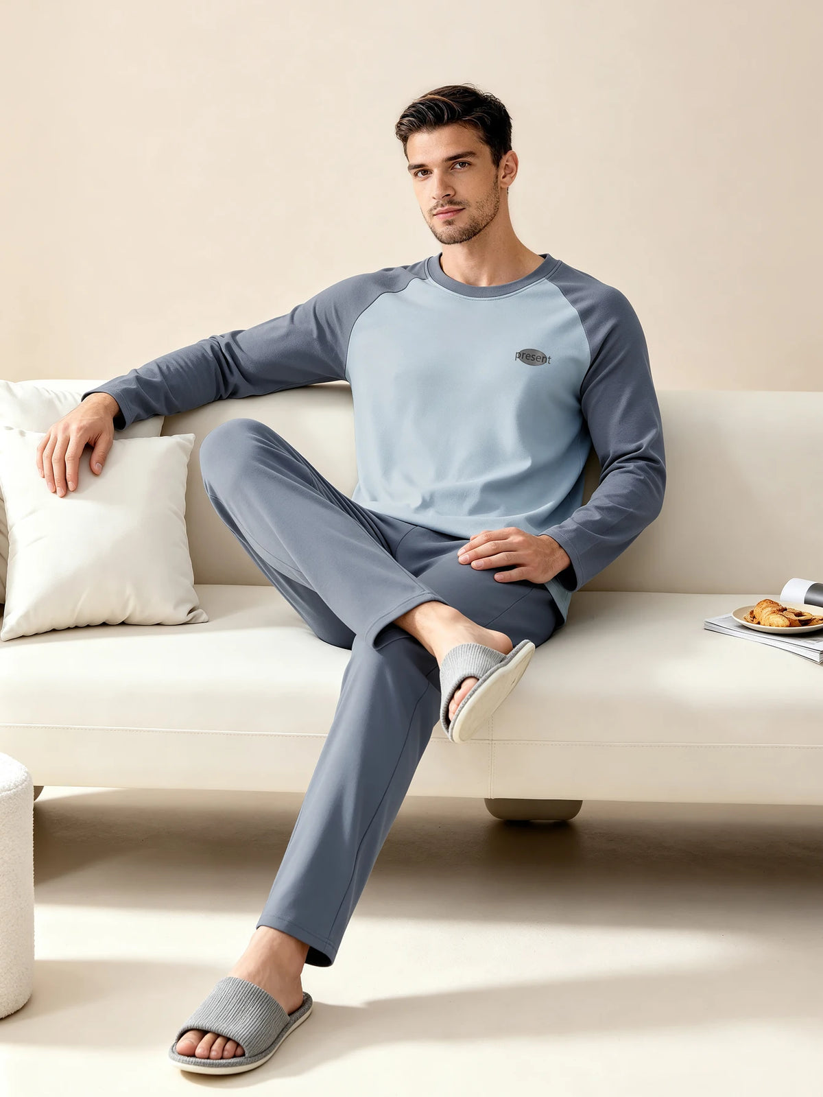 Herr Pyjamas 100% Bomull Långärmad – Fyra Säsonger Plus Size Tonår Hemmaset, L–3XL