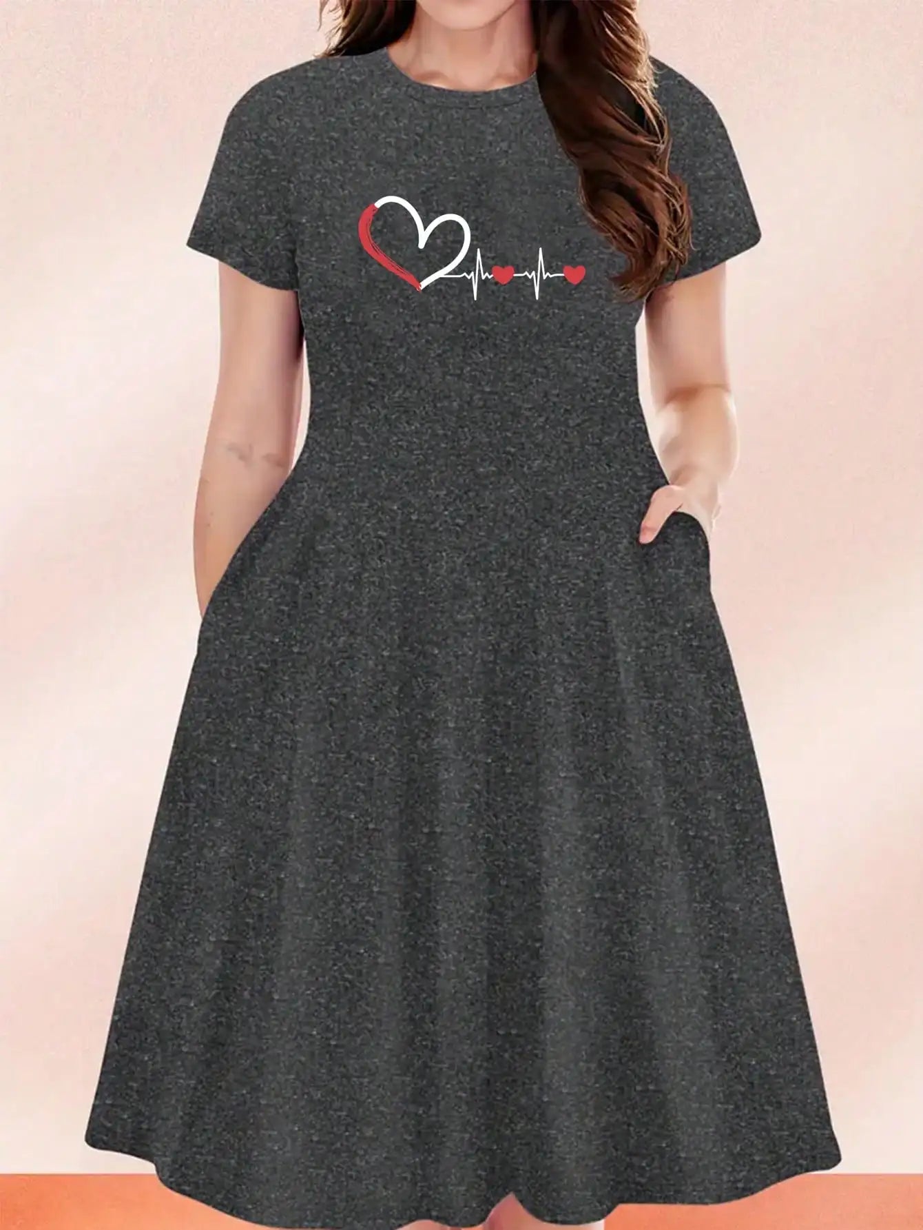 2026 Women's Four Seasons Love at First Sight Heartbeat Printed Casual Loose Black Short Sleeved Large Short Skirt Dress