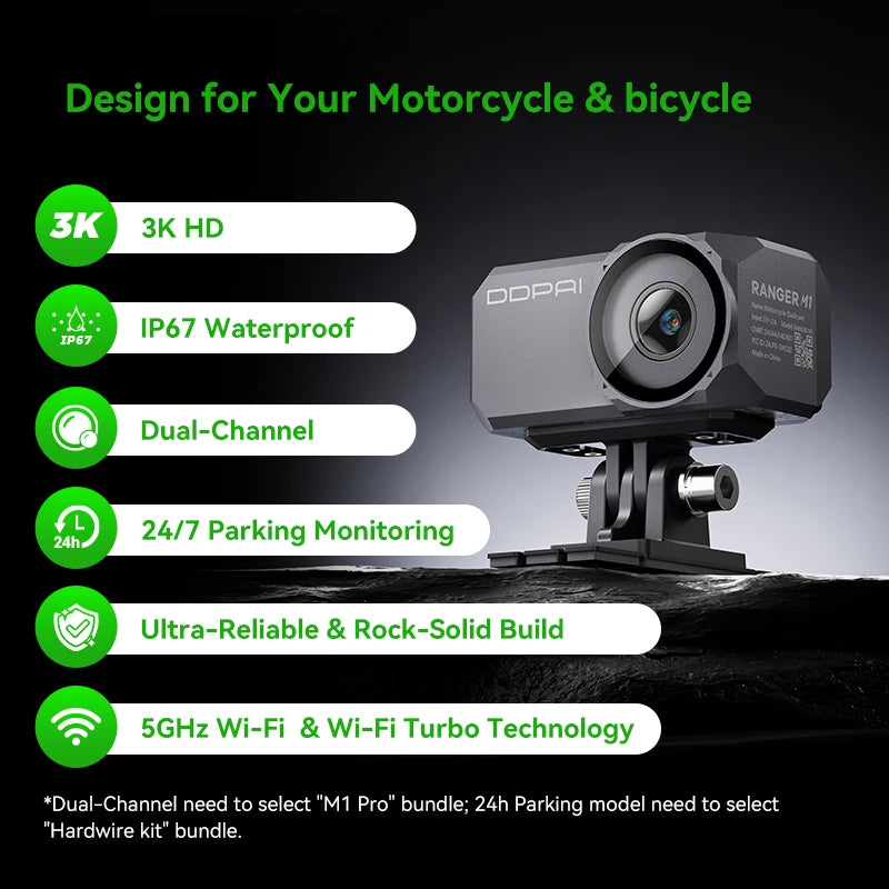 DDPAI Dash Cam RANGER M1 MC-kamera IP67 Vattentät med WiFi Night Vision
