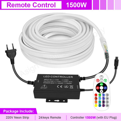 220 V RGB LED-neonlist IP65 med fjärrkontroll, Bluetooth eller Tuya WiFi, 1–100 m
