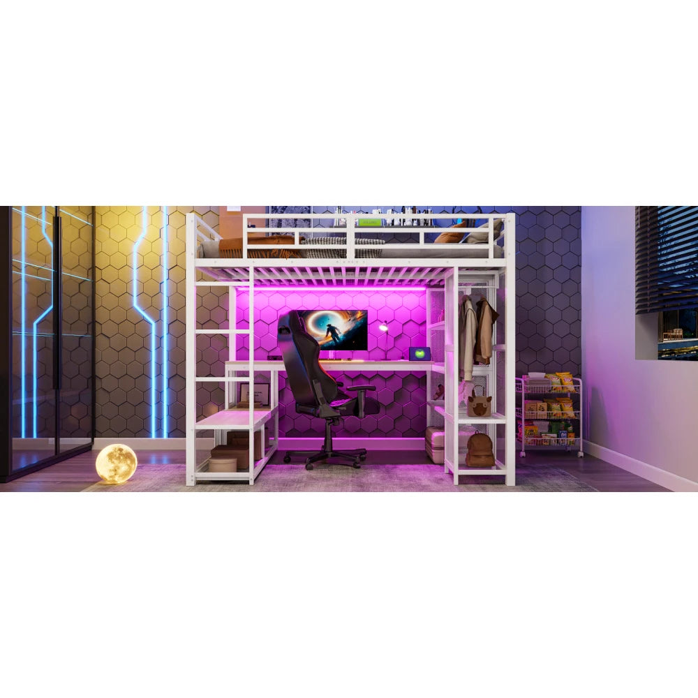 140x200cm Metal High Bed with Storage and Open Wardrobe, Kids Bedroom Bed with USB Connector and LED Lighting, Black/white