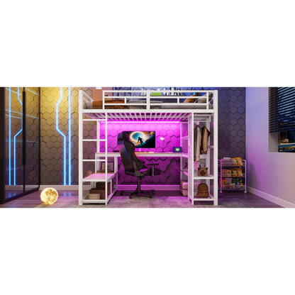 140x200cm Metal High Bed with Storage and Open Wardrobe, Kids Bedroom Bed with USB Connector and LED Lighting, Black/white