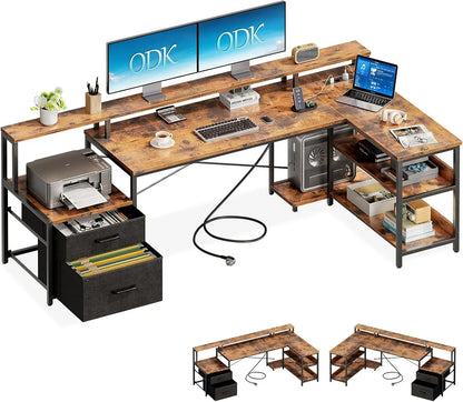 Coleshome desk with Drawers, 189.3 × 100cm Reversible Corner desk Large with 2 sockets & USB Charging Port, White