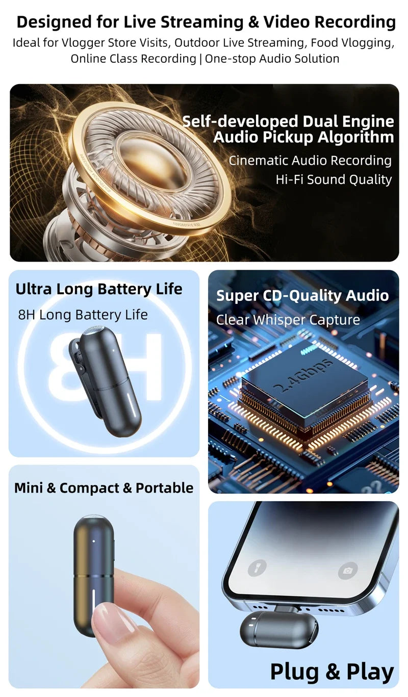 Wireless Mini Lavalier Microphone Live Broadcast Gaming Recording Interview Vlog Professional Microphone for iPhone iPad Android