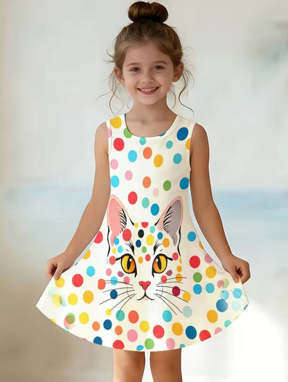Girl Clothes Cartoon Cat Graphic Printed Girls' Princess Dress Summer Casual Dress for Girls Outfit O-Neck Birthday Gift Clothes