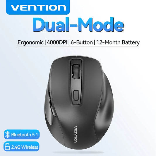 Vention Ergonomisk Trådlös Mus Bluetooth 5.1 Dubbla Lägen USB 2.4G Mus 4000 DPI 6 Knappar