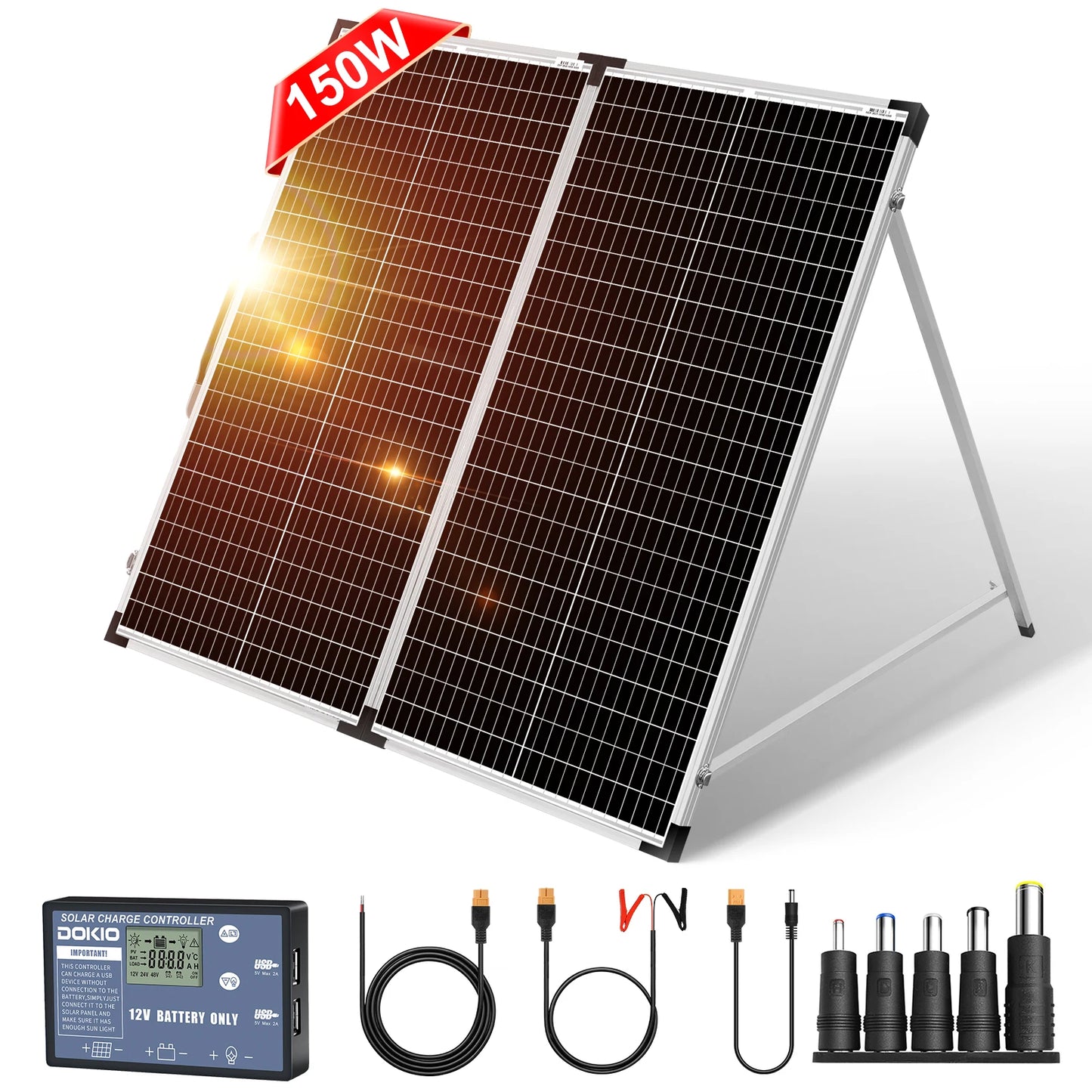 DOKIO Vikbar Solpanel 100W/160W/200W – Monokristallin Portabel Resväska med PWM-regulator, EU-lager