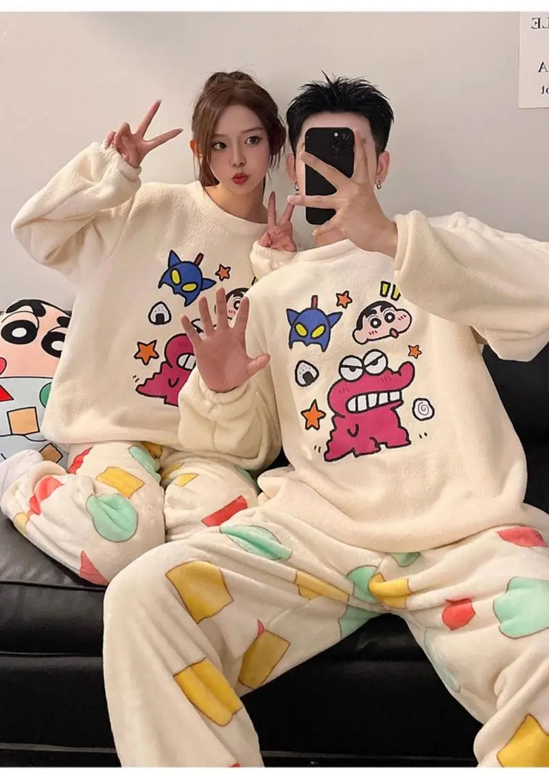 Kawaii Crayon Shin-Chan Couple Pajamas Set New Men's/women's Fashion Casual Pajama Plush Coral Fleece Winter Cartoon Homeclothes