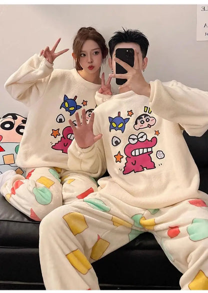 Kawaii Crayon Shin-Chan Couple Pajamas Set New Men's/women's Fashion Casual Pajama Plush Coral Fleece Winter Cartoon Homeclothes