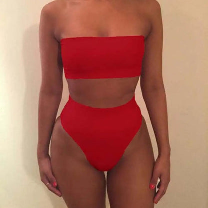 2025 Two-piece 	High Waist Bikini Set Solid Color Elastic Wireless Strapless Summer Lady Swimsuit Swimming Bathing Suit