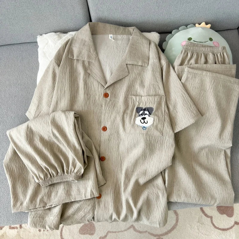 High Quality Khaki with Embroidered Dogs Couples Homewear Women's Pajamas Set Cute Casual Short-Sleeve 3 Piece Men Pajamas Set