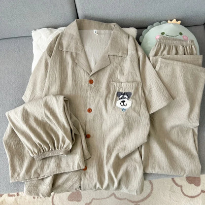 High Quality Khaki with Embroidered Dogs Couples Homewear Women's Pajamas Set Cute Casual Short-Sleeve 3 Piece Men Pajamas Set
