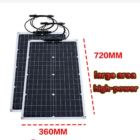 Solpanel-kit med Växelriktare & Regulator – Monokristallin 70–120W, 12V till 110V/220V, Camping/Stuga/Husbil, Svart/Gul