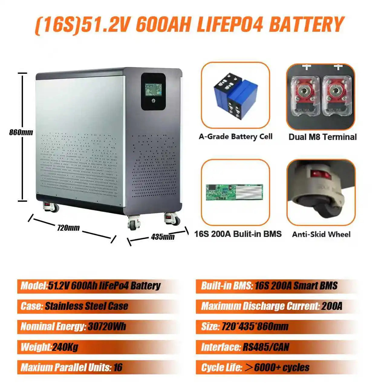 48V 300Ah LiFePO4 Lithium Battery Bluetooth BMS 51.2V 100Ah 200Ah 300Ah 600Ah 900Ah 15kWh Power for Home Energy Solar EU Stock