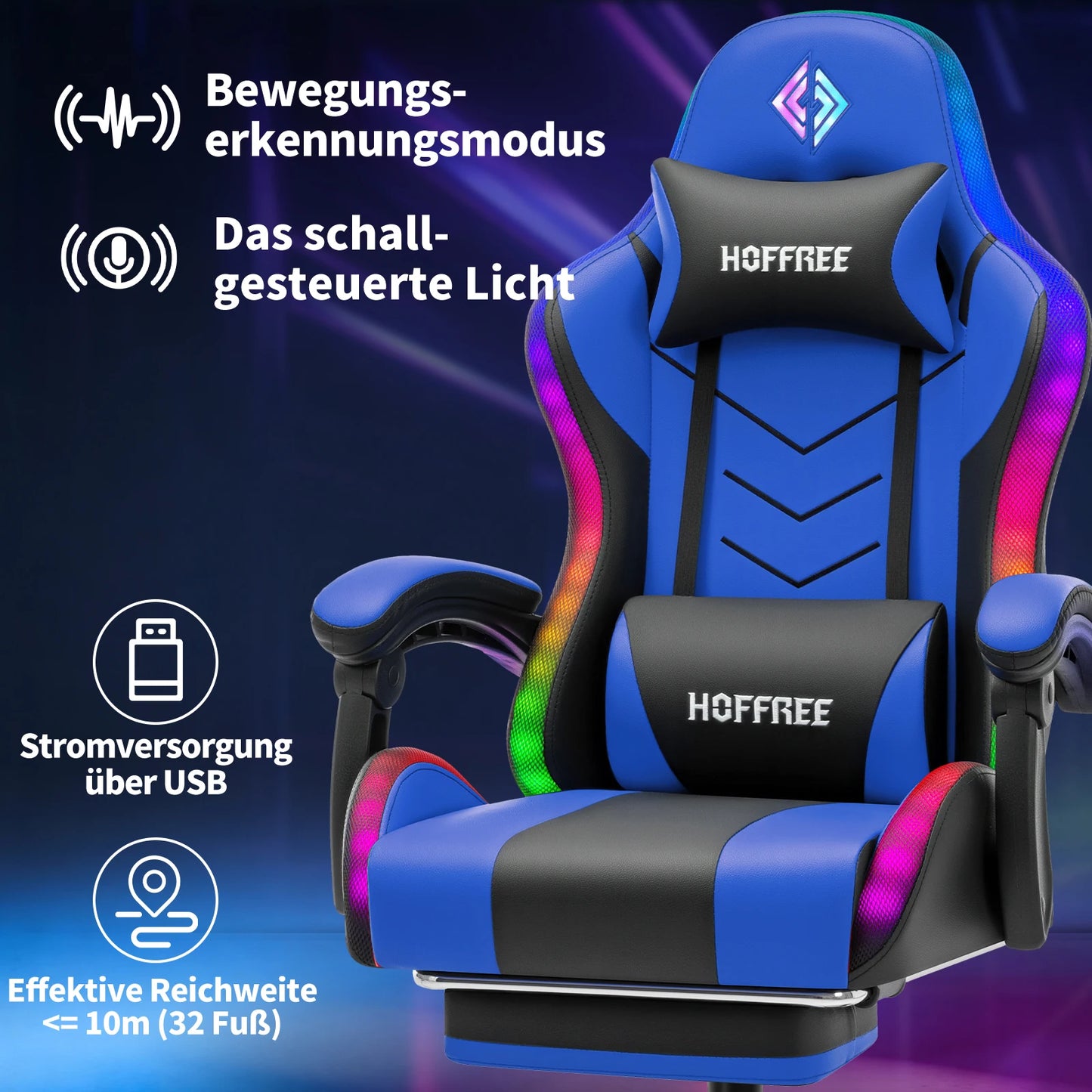 300lbs Gaming Chair with Music Rhythm RGB LED Lights and Wireless Speakers Ergonomic Massage Computer Gaming Chair with Footrest