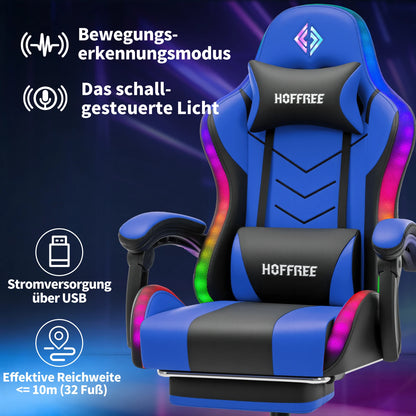300lbs Gaming Chair with Music Rhythm RGB LED Lights and Wireless Speakers Ergonomic Massage Computer Gaming Chair with Footrest
