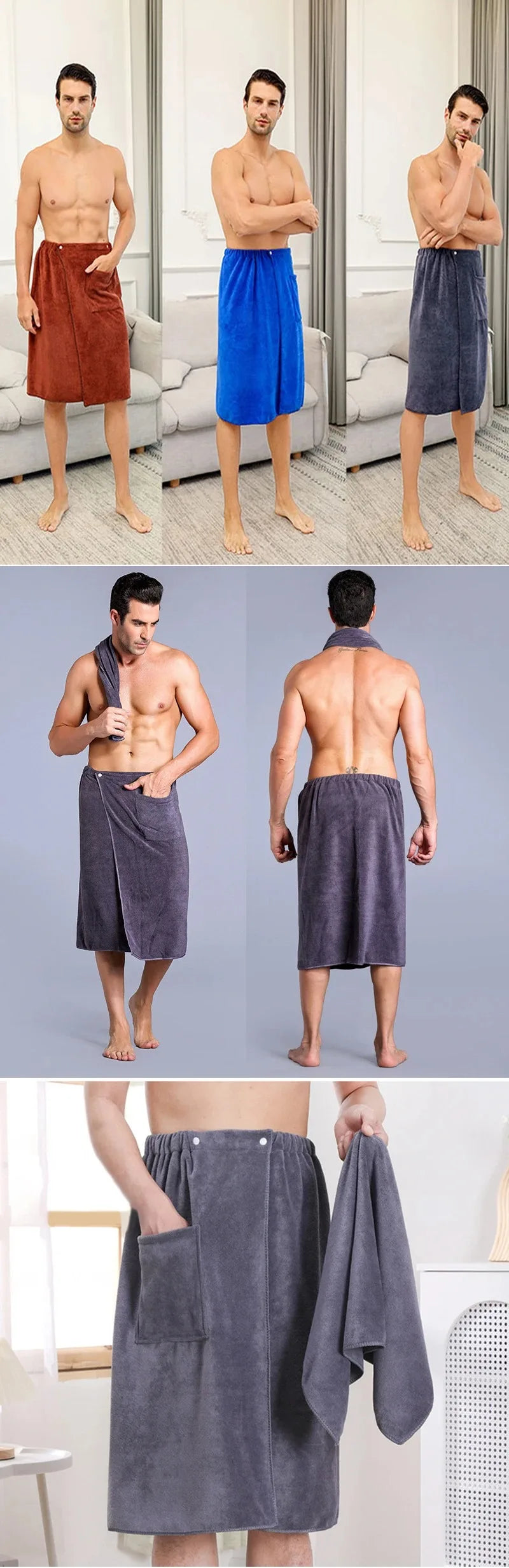 Men's Bath Robe Thickened Ultra-fine Fiber Absorbent One-piece Hotel Towel with Buckle Beach Skirt for Adults in Various Colors