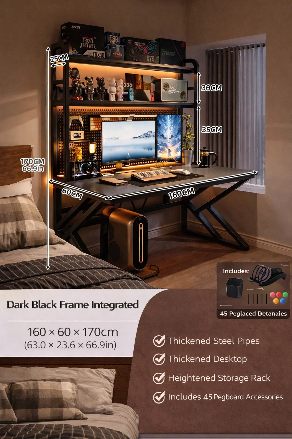 Gaming Desk with Bookshelf and Pegboard Computer Desk with Storage Shelf Home Office Study Desk for Bedroom Small Space