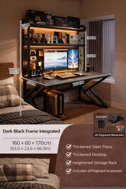 Gaming Desk with Bookshelf and Pegboard Computer Desk with Storage Shelf Home Office Study Desk for Bedroom Small Space