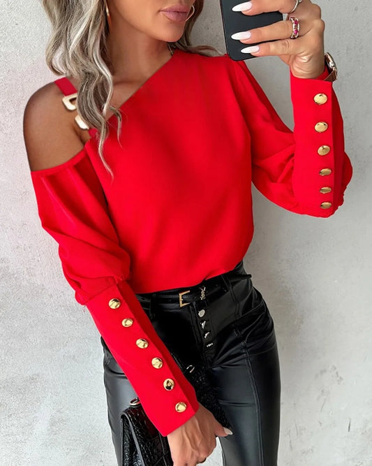 Damblus med Lyktaärm & Knappar – Elegant Office & Casual Vår/Höst