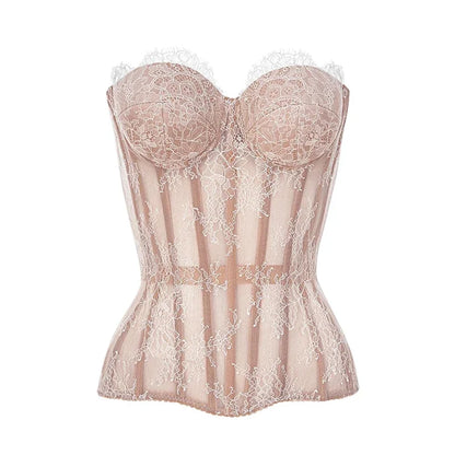 Sexy Women's Lace Fishbone Bandage Vest Black Slim Strapless Backless Female Corset 2026 Spring Summer Lady Beach Party Top New