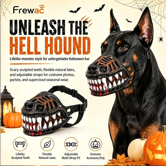 Halloweenmask för hund och katt – justerbar munkorgsmask med tandmotiv, S–XXL