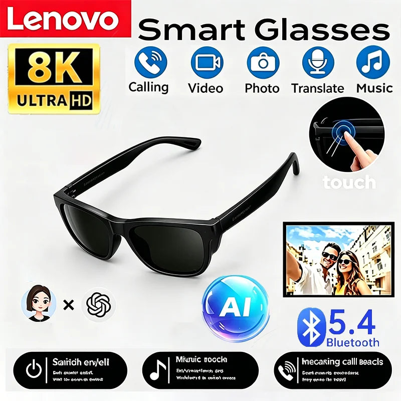 Lenovo Remote Touch Control 8K AI Smart Glasses Bluetooth Wireless Sunglasses Photo Camera Recording Voice Assistant Translator