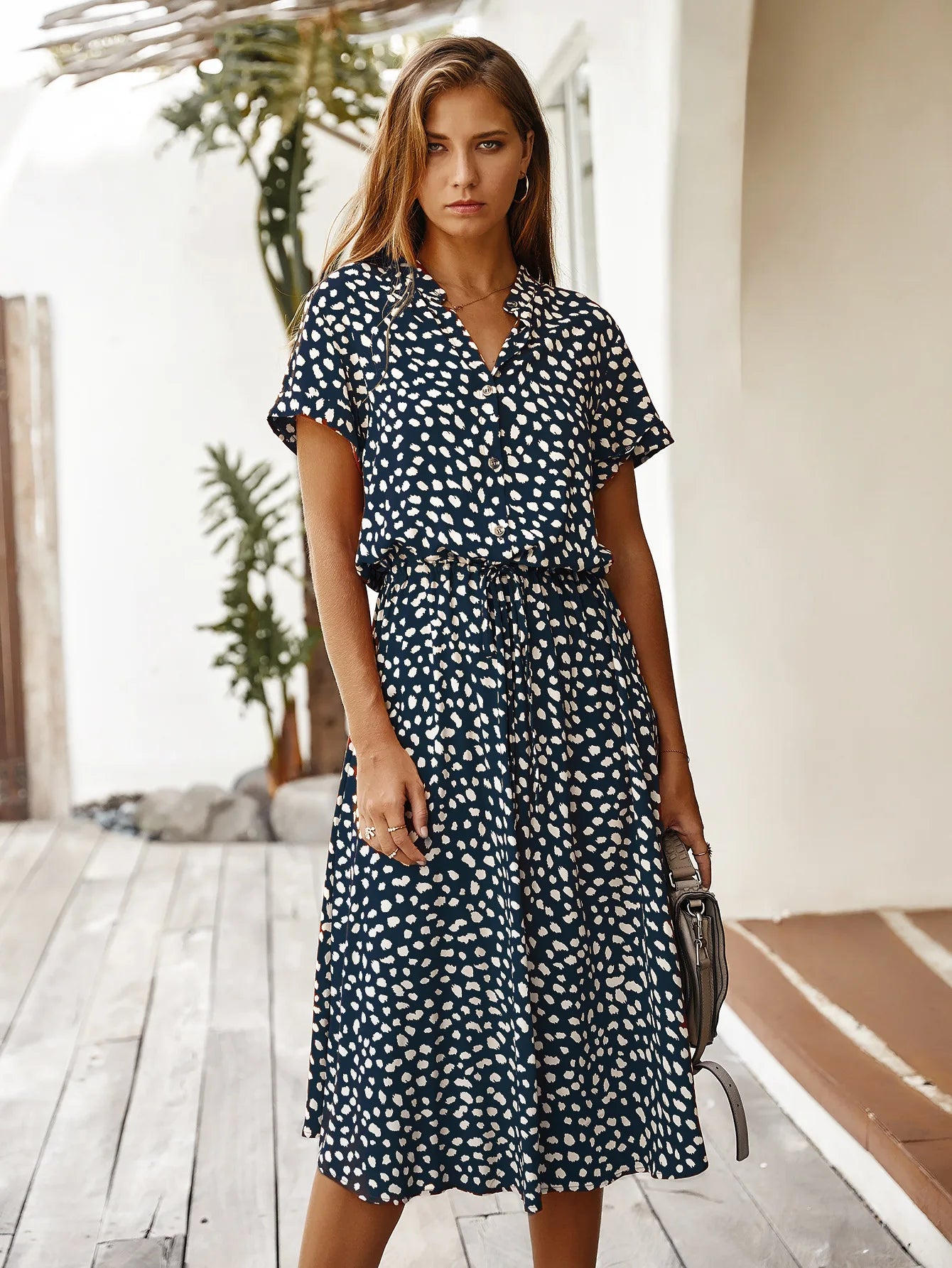 Vintage Blommig Boho Skjortklänning – Kortärmad, Lång, Nedvikt Krage, Skärp, 6 Färger, S–XL