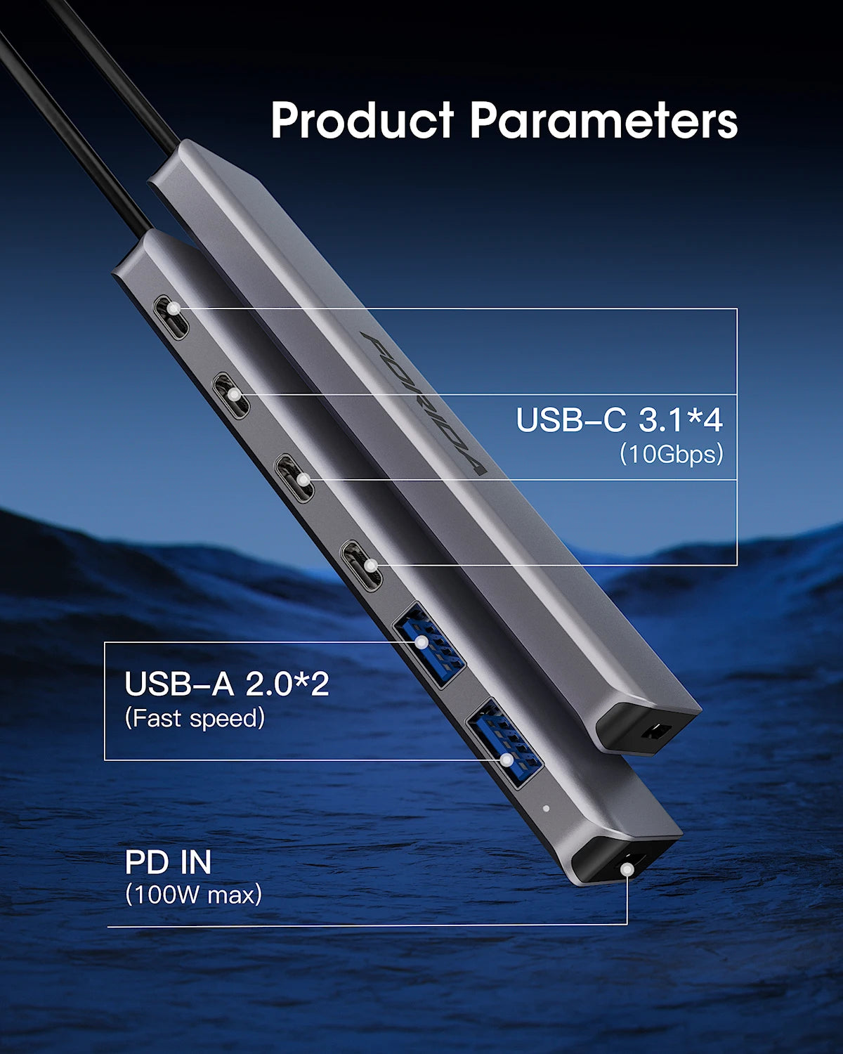 FORIDA Aluminum USB C Hub 3.2 and 3.0 10Gbps USB C HDMI Splitter PD 100W Power Charging USB 3.2 Gen2 Adapter for Laptop PC