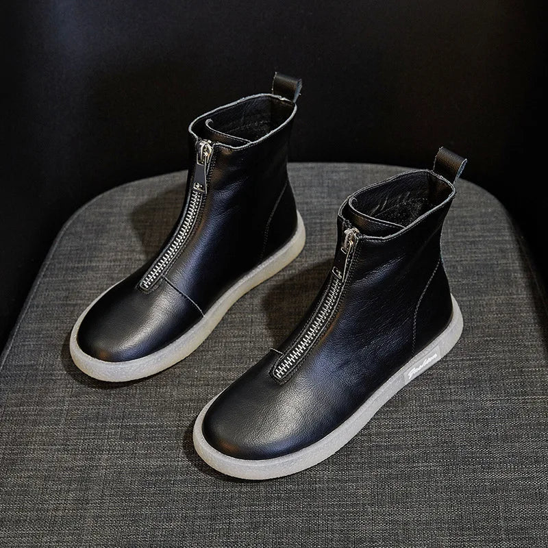 ZXRYXGS British Style Front Zipper Genuine Leather Boots Flat Sneakers 2026 Temperament Trend Autumn Winter Boots Black White