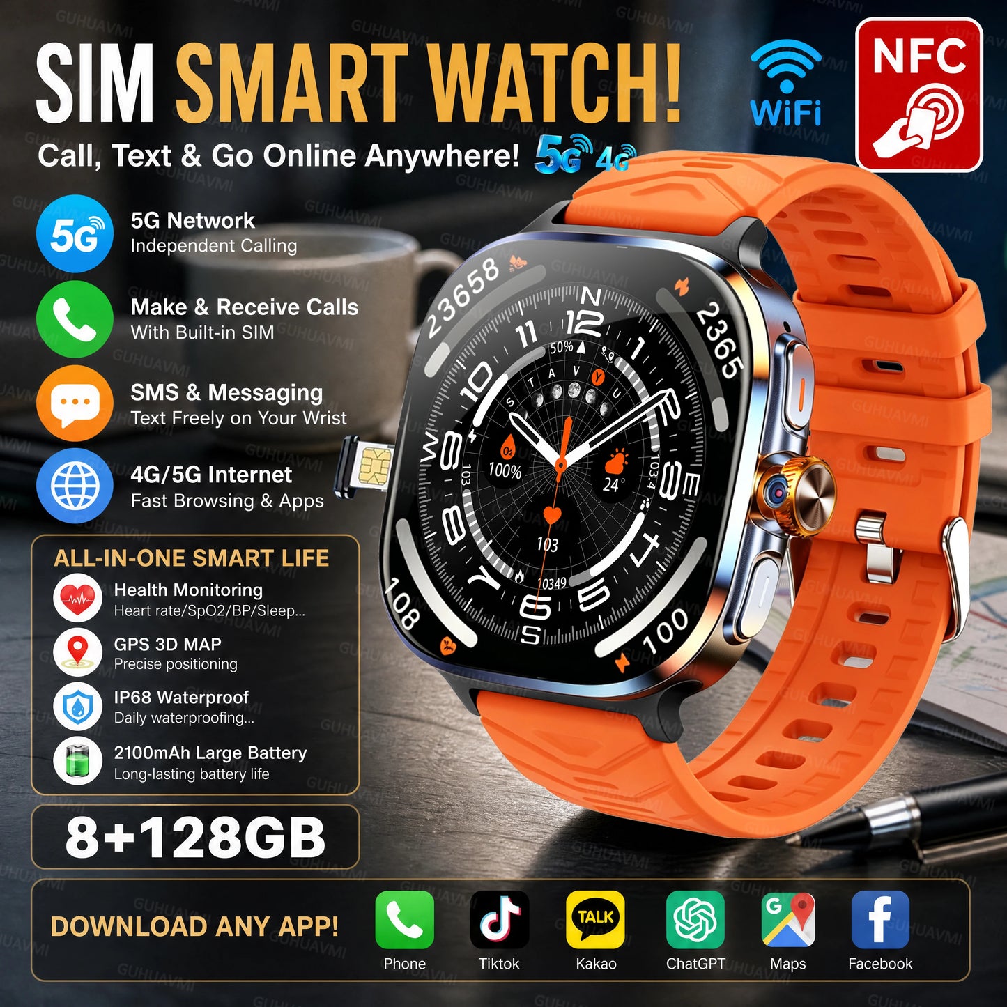 2026New 5G SIM Smart Watch 2.4" AMOLED 8+128GB GPS+NFC WIFI 1000W HD Camera IP68Waterproof Health Monitor Android Smartwatch Men