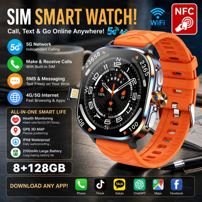 2026New 5G SIM Smart Watch 2.4" AMOLED 8+128GB GPS+NFC WIFI 1000W HD Camera IP68Waterproof Health Monitor Android Smartwatch Men