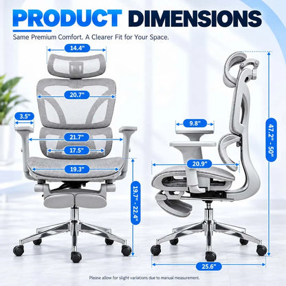 Ergonomic Office Chair with Footrest, 3D Adjustable Headrest & Armrests, Elastic Lumbar Support, Breathable Mesh High Back, 90°-135° Reclining Swivel Chair for Home Office