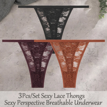 3Pcs/Set Sexy Lace Floral Panties For Women Solid Color Transparent Underwear Female Lace Perspective Hollow Out G-string Thongs