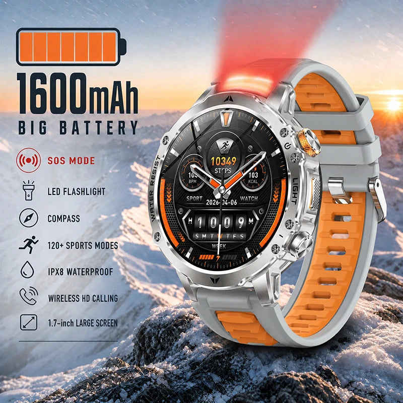 2026 New Men Outdoor Smart Watch 1.7" IPS 1600mAh  Battery Bluetooth Call IPX8 Waterproof Flashlight SOS Compass 120+Sport Modes