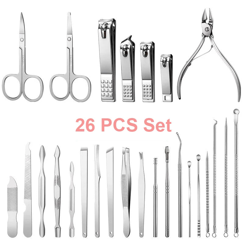 26 Pcs Manicure Set Stainless Steel Nail Clippers Cuticle Nipper Pedicure Care Tool Dead Skin Scissor Cleaning Grooming Ki