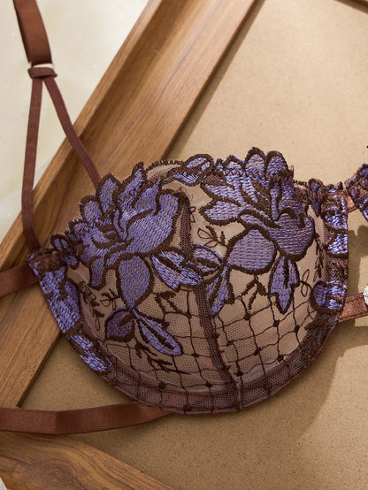 Limited Edition Spets Lingerie Set – Brun & Lila, Rosbrodyr, Genomskinlig BH & Stringtrosa
