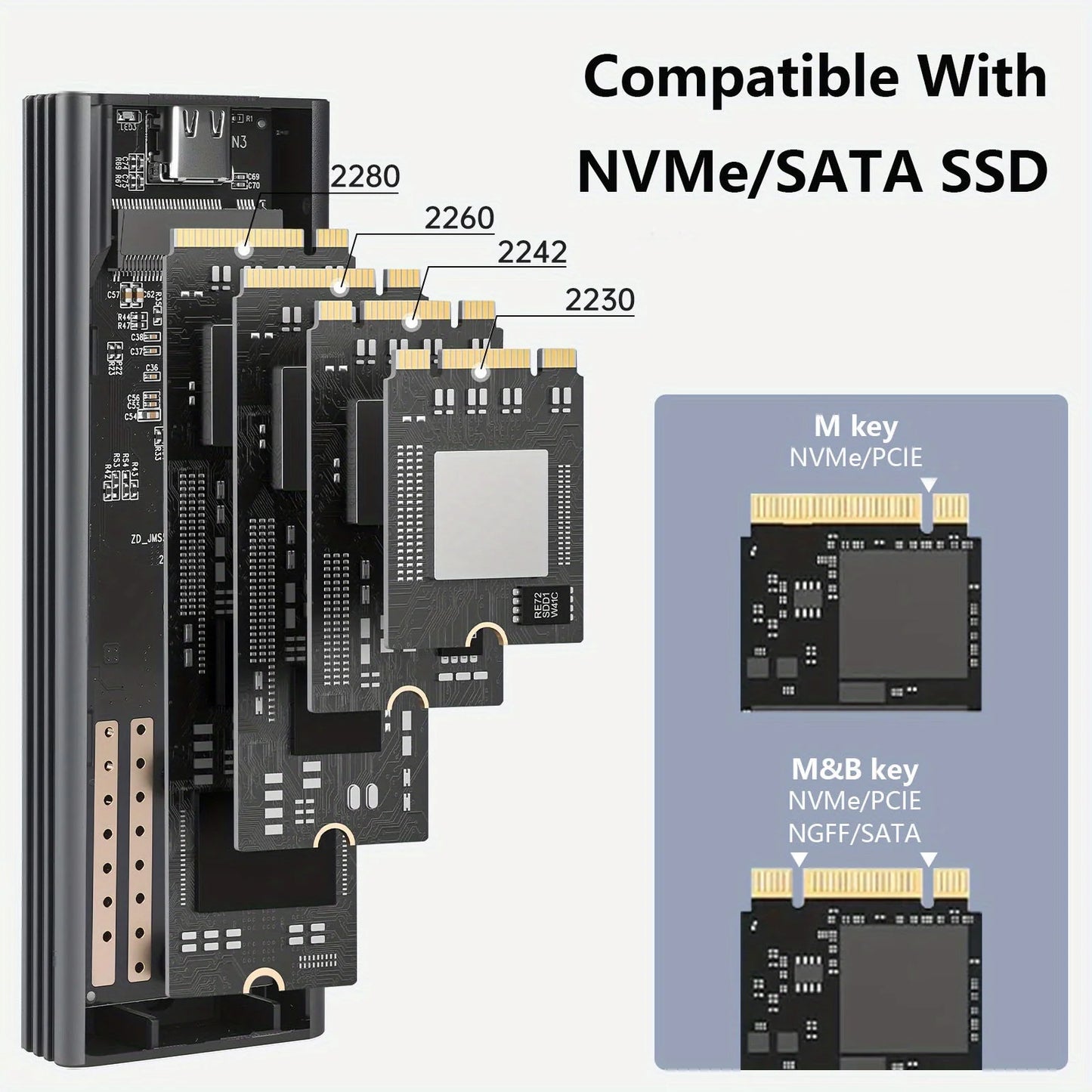 SUNKANDI M.2 NVME SATA SSD Enclosure Adapter, USB C 3.1 Gen 2 (10 Gbps) To M.2 PCIe NVMe and SATA SSDs Support for SSDs 2230