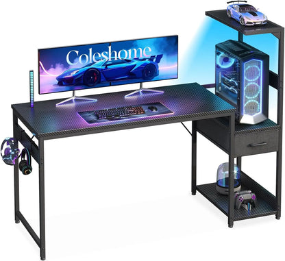 Coleshome Gaming Table with Led Lights,138×48Cm Gaming Desk with Drawers and Shelf