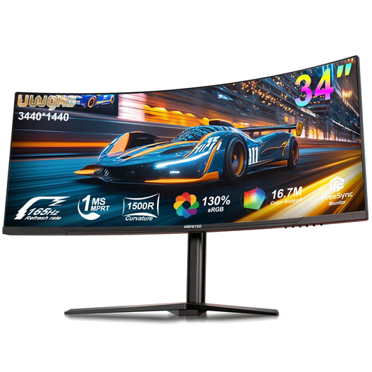 HGFRTEE B340Q Kurvig Gaming-skärm 34" WQHD – VA 3440x1440 165Hz 1500R 21:9 HDR 1ms Matt Yta HDMI