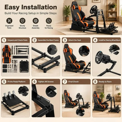 Racing Simulator Cockpit 1420 X 615 X 1030 Mm, Matte Black Carbon Steel Frame, PVC Seat, Foldable Dual Arm for Gaming
