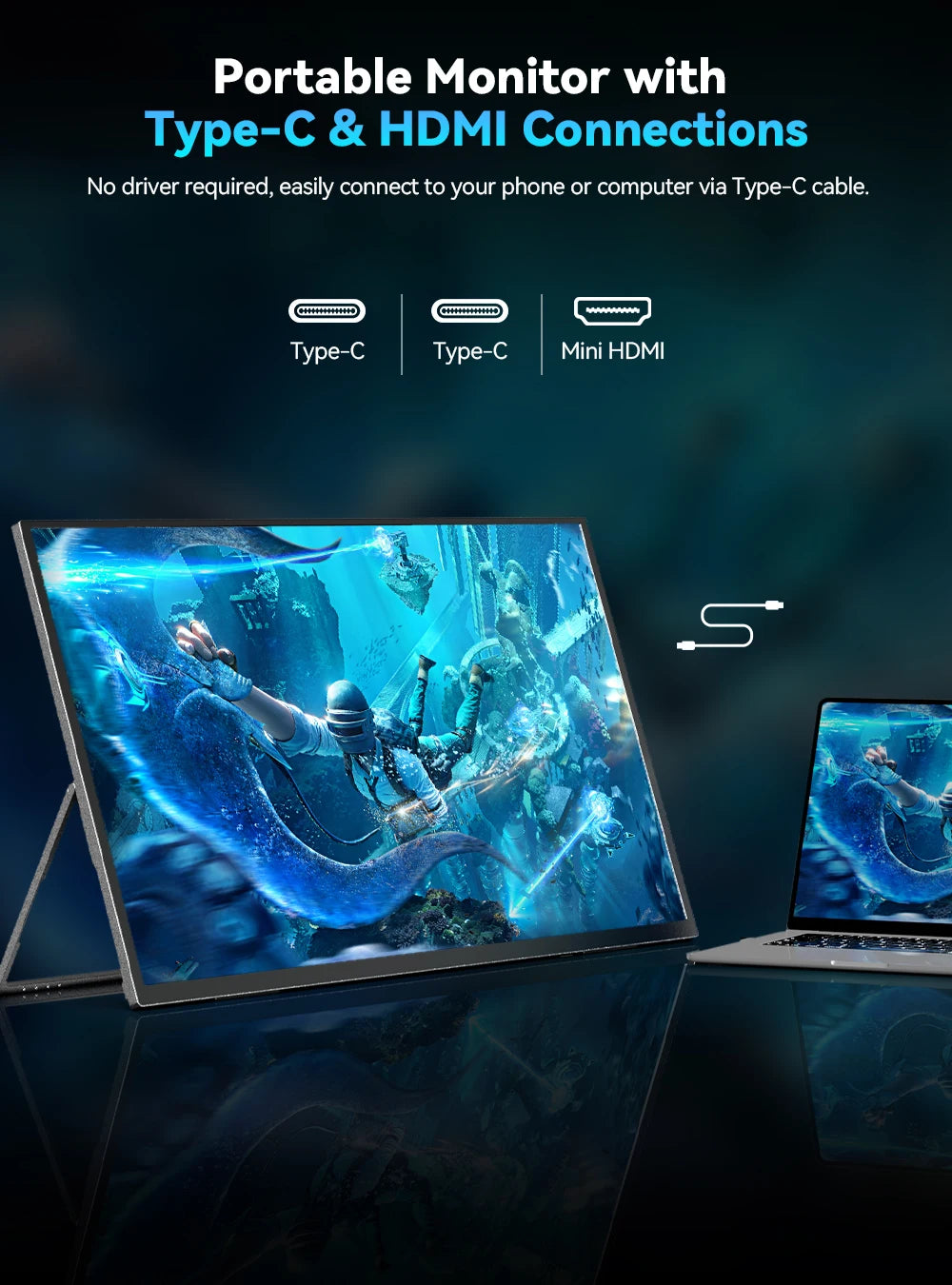 UPERFECT 24,5" Portabel Gaming Monitor – 240Hz 1ms IPS 460 nits HDR10 FreeSync USB-C Mini-HDMI VESA Laptop PS5 Switch