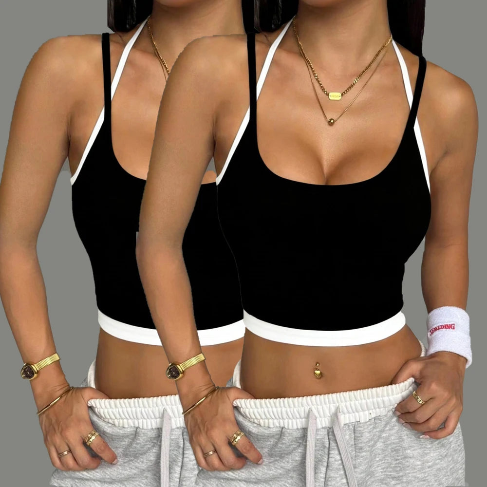Dam Y2K Linne Crop Top – Sömlös Slim Camisole Fake Tvådelad Sportig Sommar, S–XXL