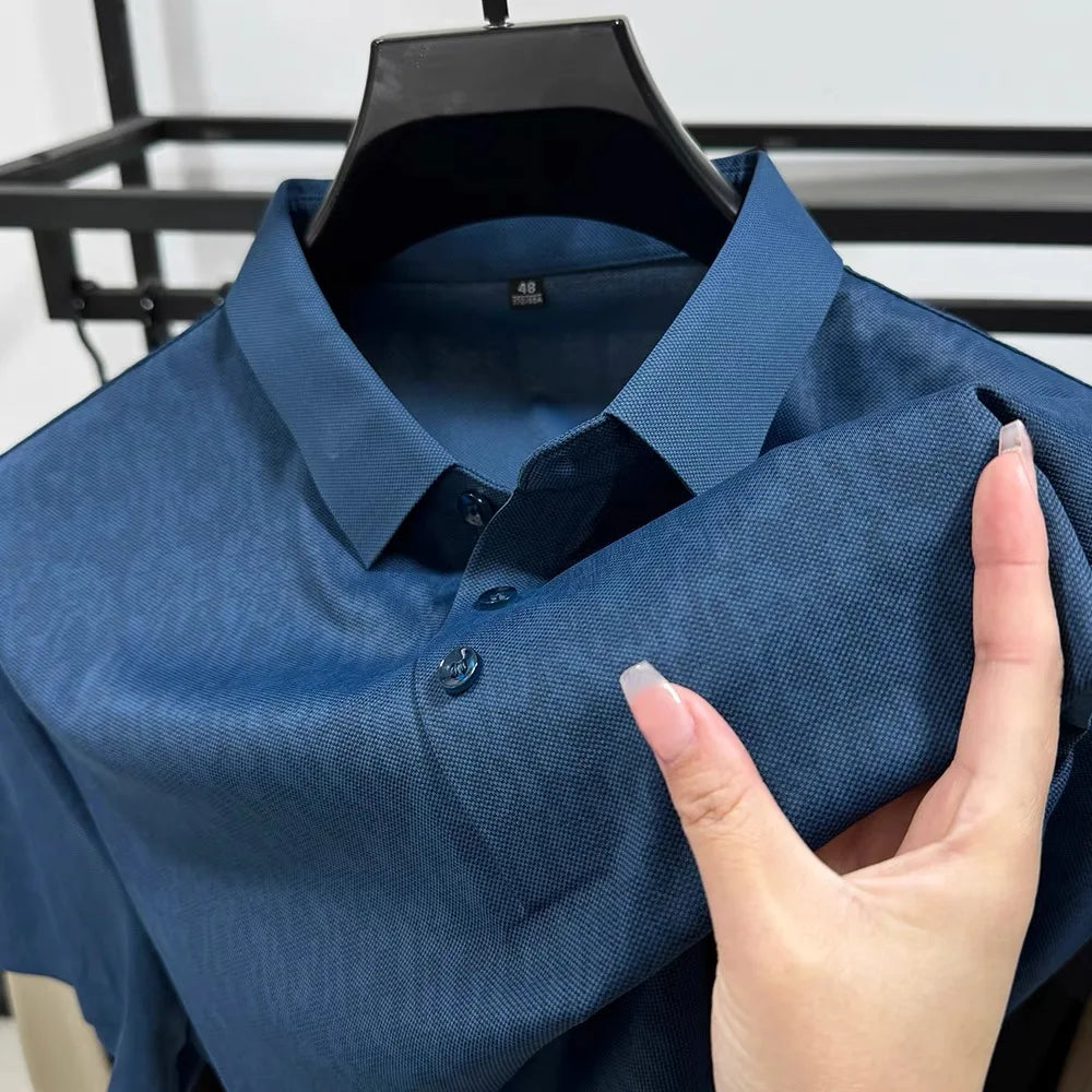 High end ice silk seamless short sleeve POLO shirt men's 2024 summer new fashionable jacquard silk breathable lapel T-shirt