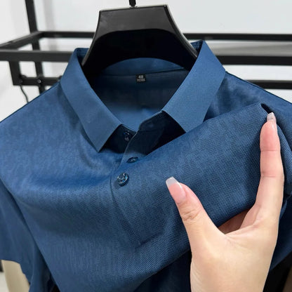 High end ice silk seamless short sleeve POLO shirt men's 2024 summer new fashionable jacquard silk breathable lapel T-shirt