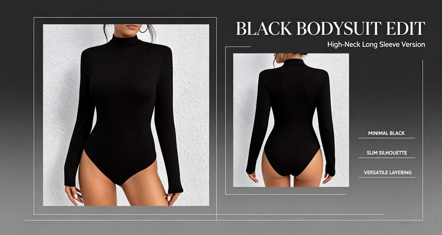 Y2K Aesthetic Mock Neck Long Sleeve Bodysuit Women Soft Stretch Slim Fit Thong Bodycon 2000s Vintage Layering Basic Top