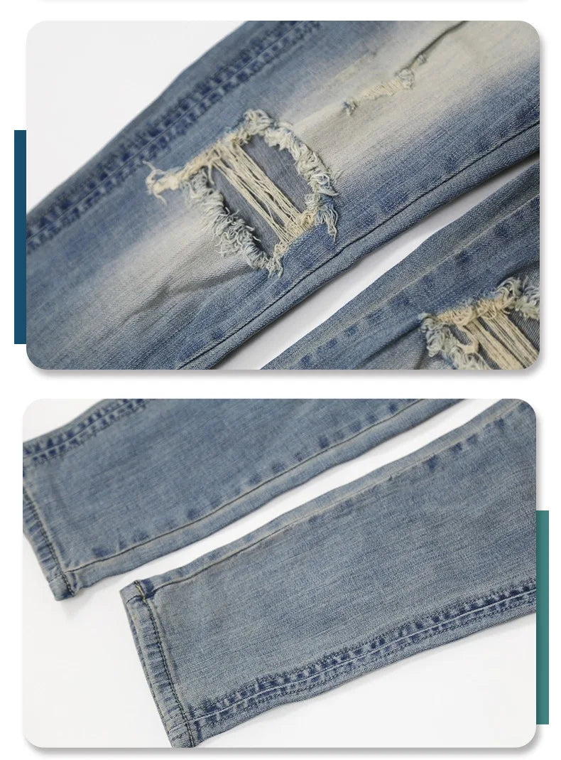 2026 High Quality Men's Jeans Pure Black Ripped Stretch Jeans Men Denim Trousers High Street Style Hip Hop Street Dance Man Jean
