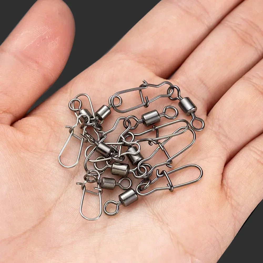 50pcs/box Swivel Snap Connector Pin Rolling Ring Fishing Tackle Box Buckle Hook Lure Kit Wire Rotate Bearing Pesca Tool Gear